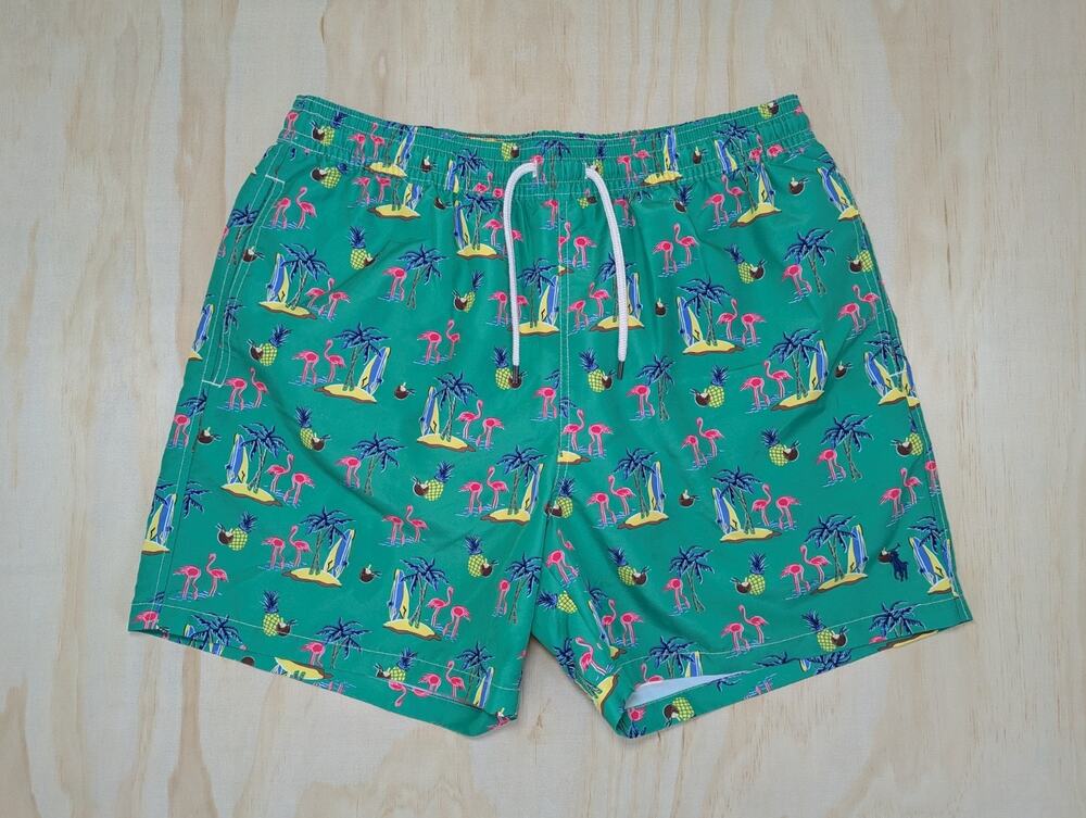 Polo Ralph Lauren Men's XL Swim Trunks Green Hawaiian Beach AOP Flamingo Surf